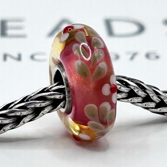 TROLLBEADS UU Pink & Taupe Flower Ferns LAA 925S NEW! w Red Buds - Picture 5 of 6